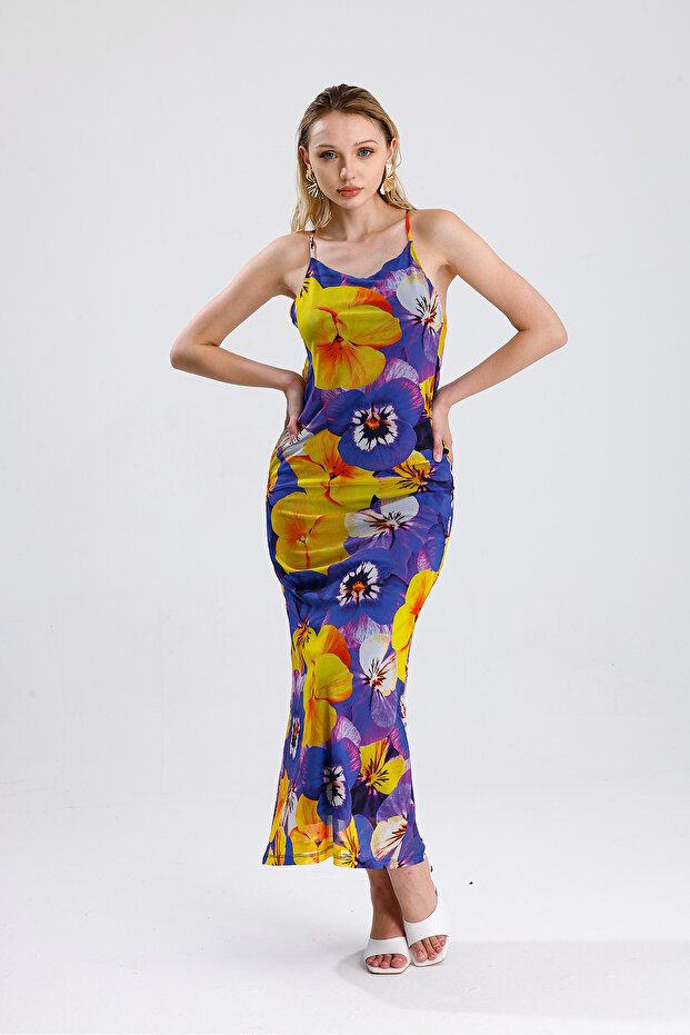 Çiçek Desenli Halter Yaka Astarlı Uzun Elbise | ELB35751 Sarı Mor Menekşe Desen - 3