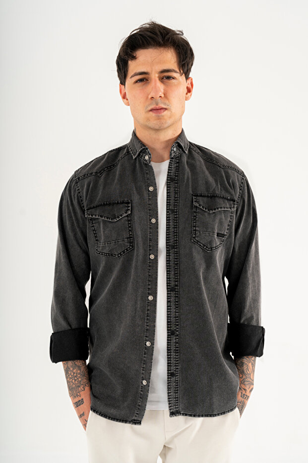 Men's Washable Denim Shirt Slimfit Slim Fit Double Flap Pocket Snap Closure Black