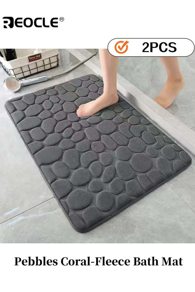 2pcs Pebbles Coral-Fleece Bath Mat 3D Massaging Texture Ultra-Soft Non-Slip Rubber Quick-Drying Sui