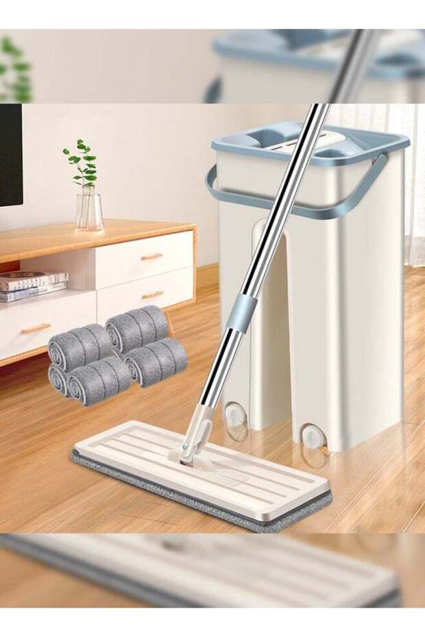 Haidue Microfiber Flat Mop with Bucket, Cleaning Squeeze Hand Free Floor Mop, 6 Reusable Mop Pads,