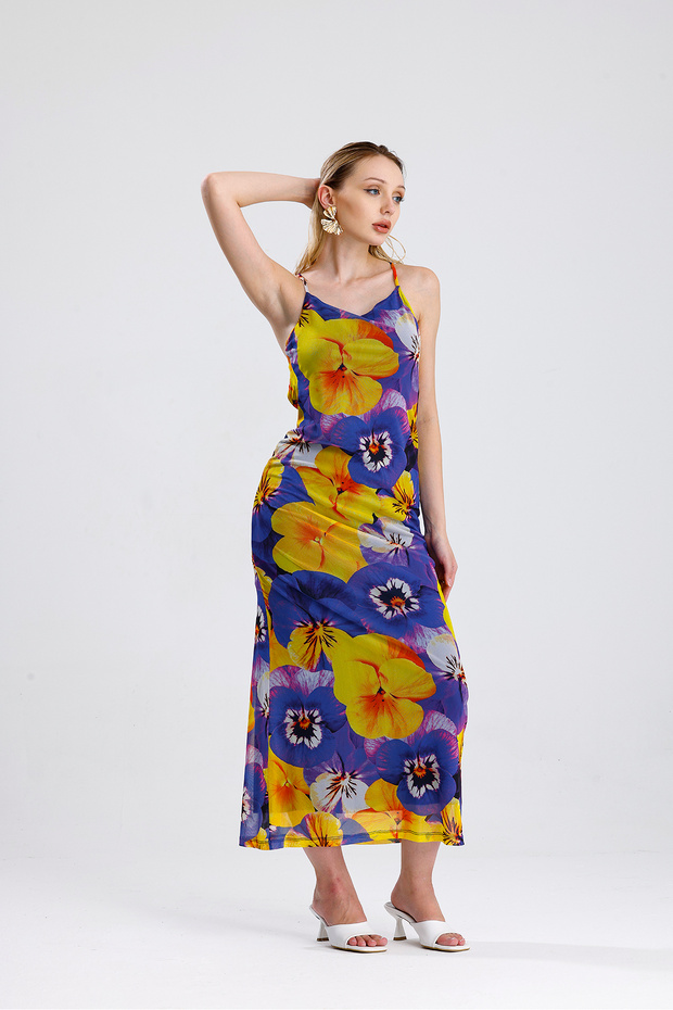 Çiçek Desenli Halter Yaka Astarlı Uzun Elbise | ELB35751 Sarı Mor Menekşe Desen - 2