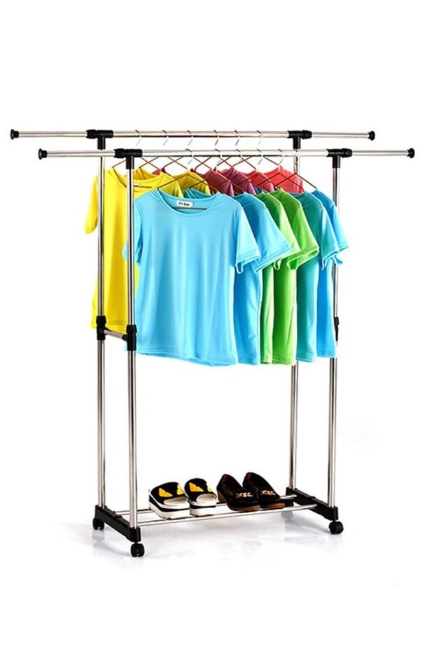 DOUBLE POLE Adjustable Clothes Rack Single/Double Bars With Wheel Coat Shelf Hanging Drying Rack Fl
