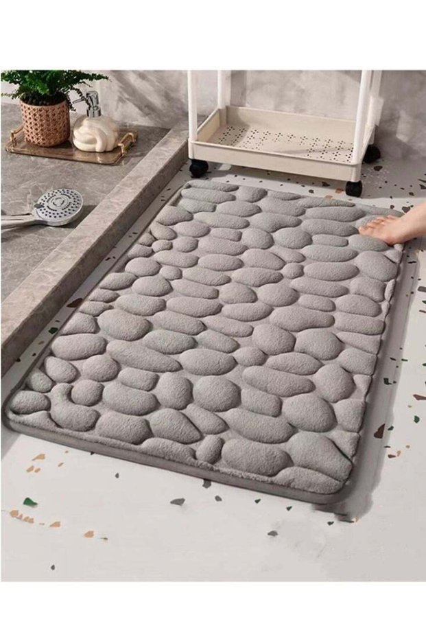 1-Piece Stone Grain Non-Slip Bath Rug Mat For Bathroom Coral Velvet Fabric for Water Absorption Gre