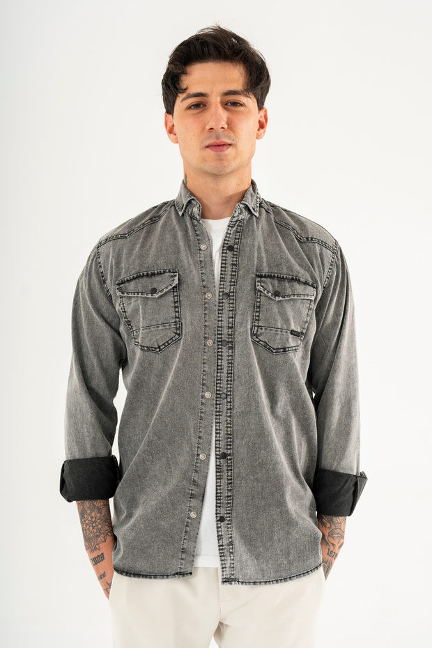Men's Washable Denim Shirt Slimfit Slim Cut Double Flap Pocket Snap Closure Smoked