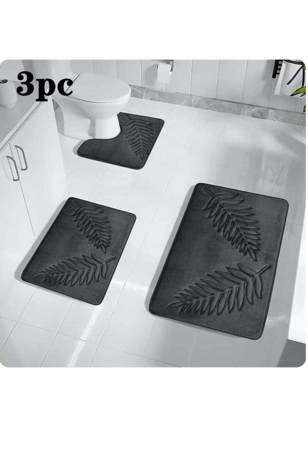 3-Pieces European Simple Style Toilet Floor Mat Suit Coral Velvet Bathroom Carpet Set Dark Grey