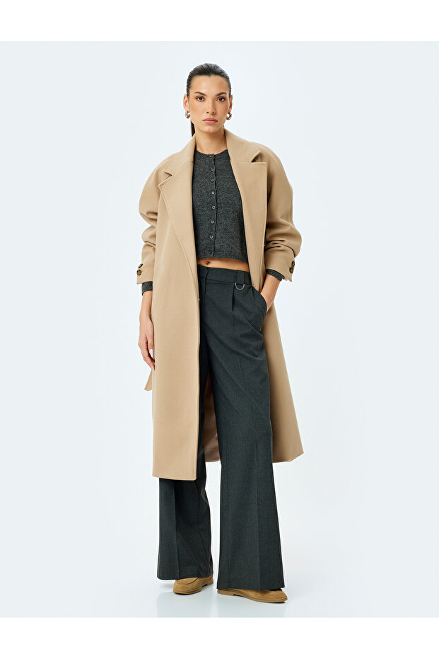 Double Breasted Long Stamp Coat with Pockets and Belt