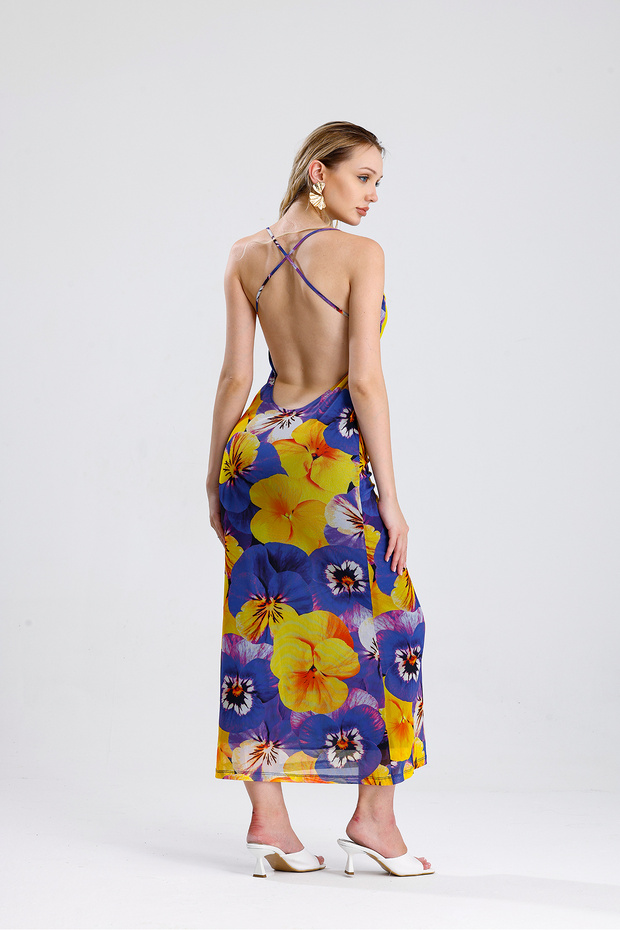 Çiçek Desenli Halter Yaka Astarlı Uzun Elbise | ELB35751 Sarı Mor Menekşe Desen - 6