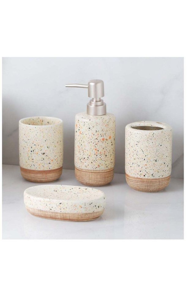 4 Piece Terrazzo Style Ceramic Bathroom Accessories Set , Multicolor Speckled Design with Textured