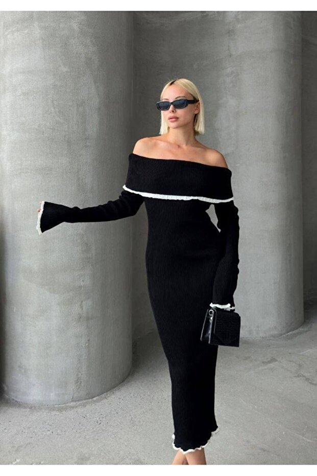 Madonna Yaka Fitilli Midi Boy Triko Elbise - 1