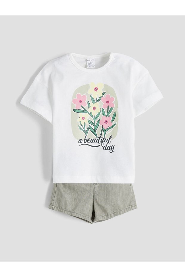 Ecru Crew Neck Baby Girl T-Shirt and Jean Shorts 2-Piece Set