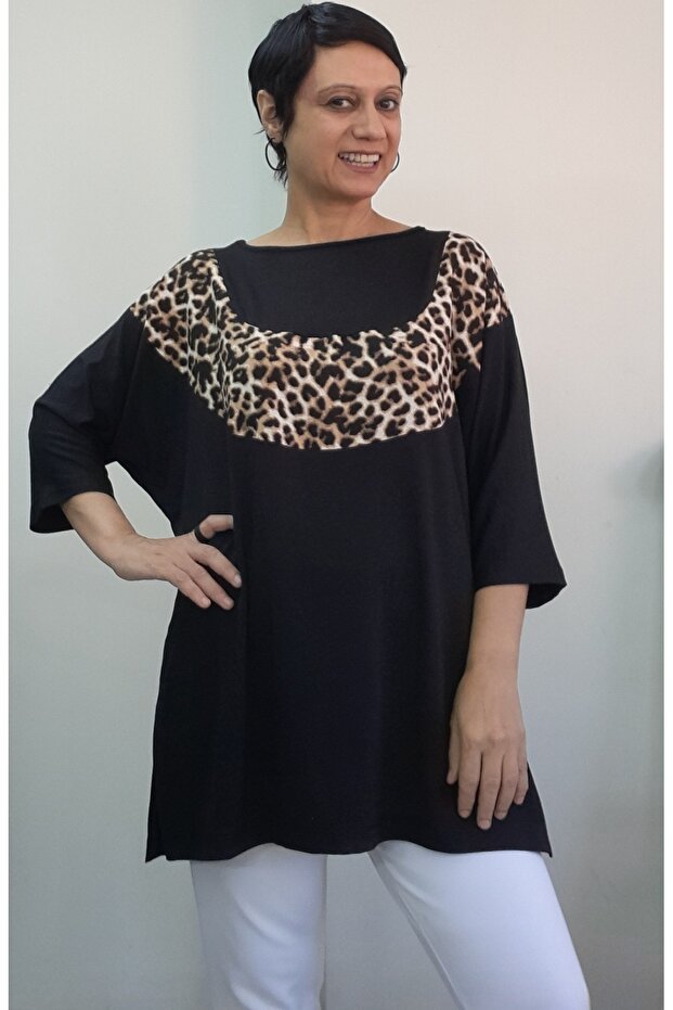 Black Boat Neck Front Robe Leopard Trim Bat Three-Quarter Sleeve Loose Combed Cotton Viscose T-Shirt