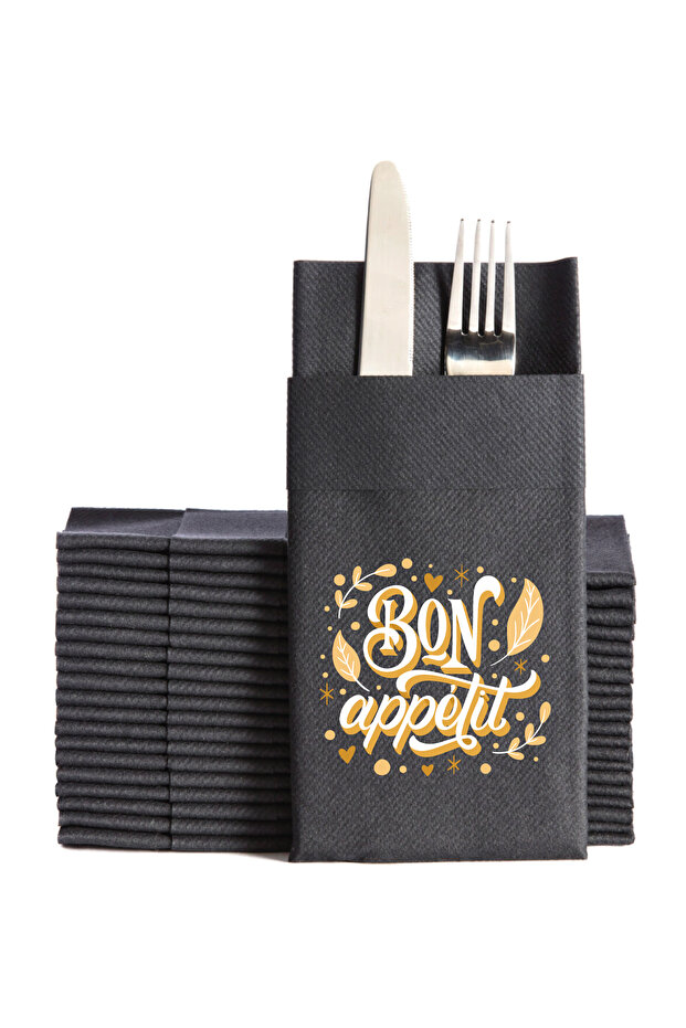 12 Pieces - Fabric Textured Airlaid Premium Napkins (White) with Bon Appetit Printed