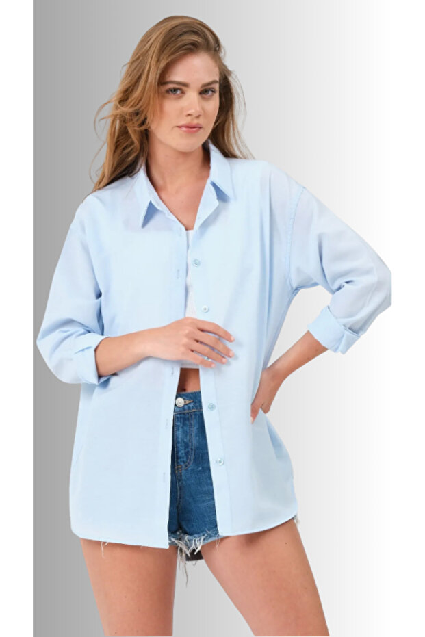 Kadın Oversize Basic Uzun Gömlek - Açık Mavi - 3