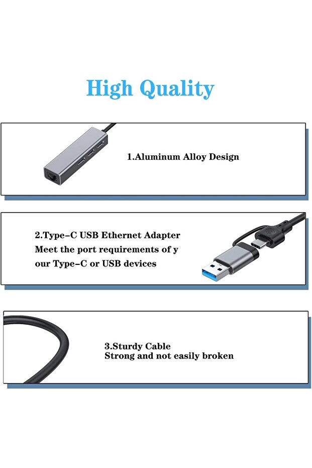 Multi Girişli USB ve Type-C Hub Adaptör to 3x USB 3.0 + Gigabit Ethernet 1000 Mbps Çevirici - 5