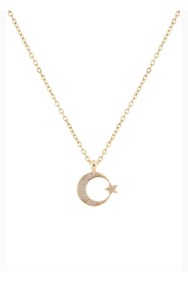 Moon and Star Gold Zircon Necklace