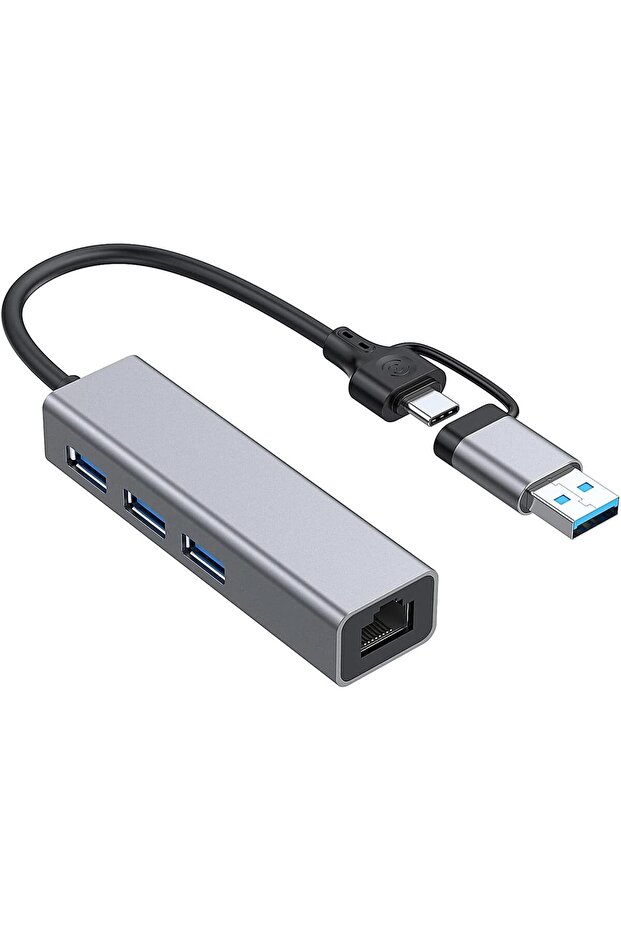 Multi Girişli USB ve Type-C Hub Adaptör to 3x USB 3.0 + Gigabit Ethernet 1000 Mbps Çevirici - 1