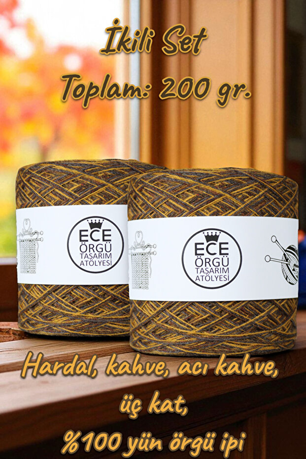 Mustard, Brown, Bitter Brown Colors, Three Ply 100% Wool Knitting Yarn (200 Gr.)