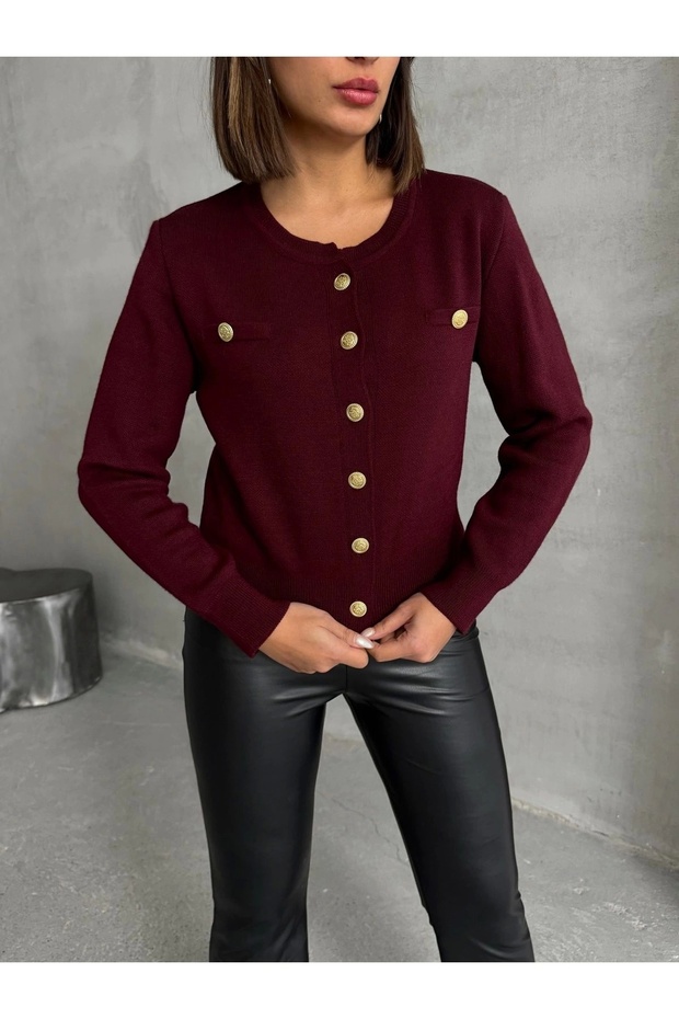 Women's Stylish Button Detailed Buttoned Cardigan - Burgundy
