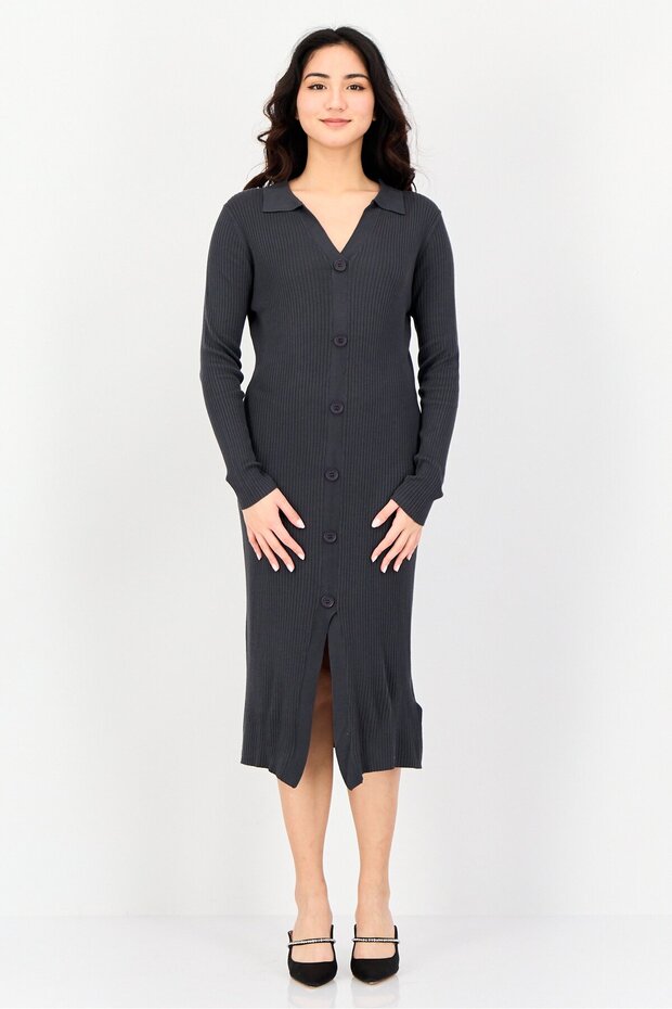 Women Ribbed Long Sleeve Midi Dress, Charcoal