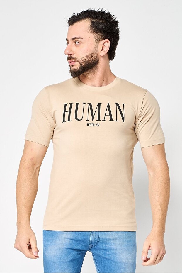 Men Crew Neck Short Sleeves Graphic Print T-Shirt, Beige