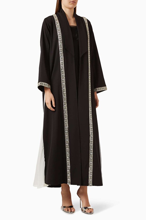 Stylish and Comfortable Crystal Detailed Abaya with Open Front Design for Modest Style Wear