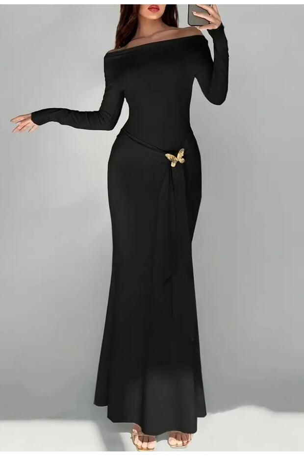 Butterfly Detail Long Sleeve Body-Fitting Maxi Dress
