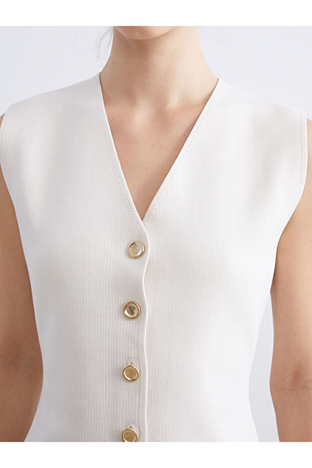 Ekru V Yaka Kadın Triko Yelek - 3