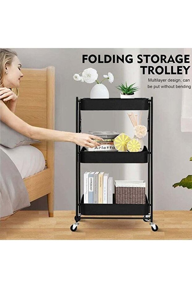 3-Tier Moveable 77L X 46H X 29W Foldable Storage Shelves Black - 2