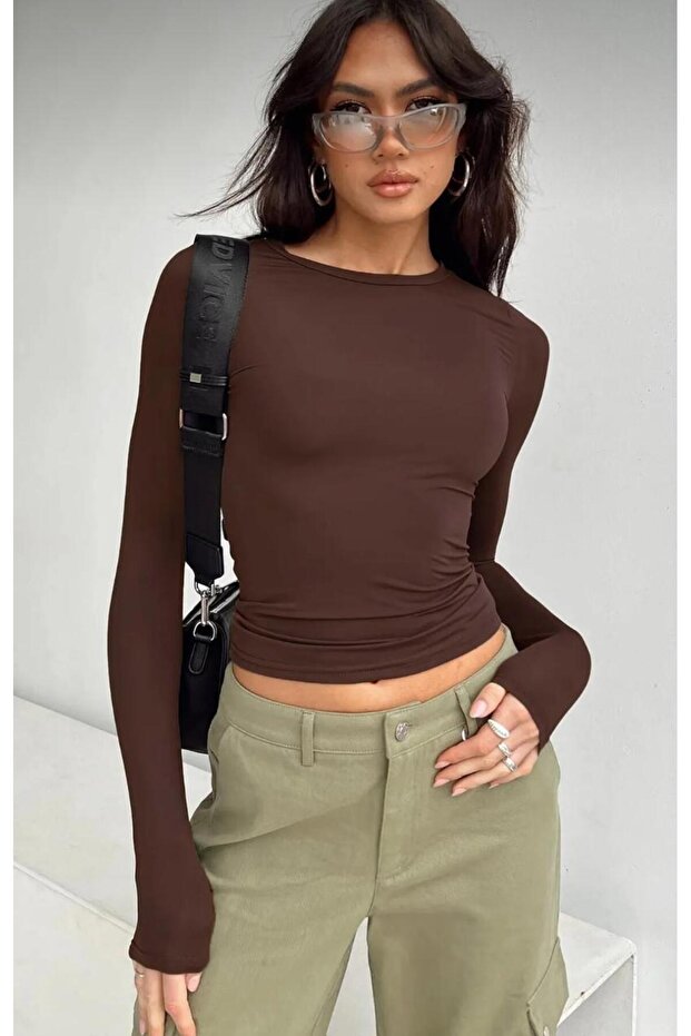 Crew Neck Basic Long Sleeve Brown Body Full Lycra Full Mold