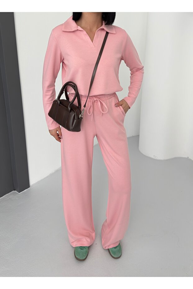 Women's Pink Modal Polo Neck Long Sleeve Soft Touch Sports Set