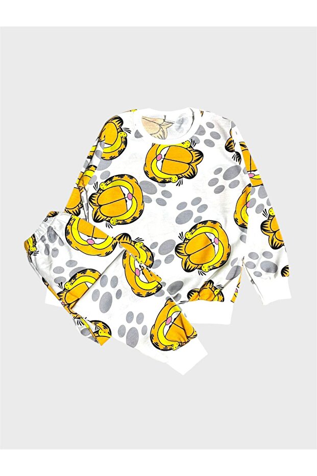 Boy's Cotton White Cat Patterned Long Sleeve Seasonal Pajama Set
