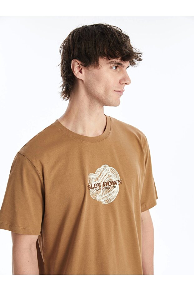 Xside Brown Crew Neck Short Sleeve Printed Combed Men's T-Shirt