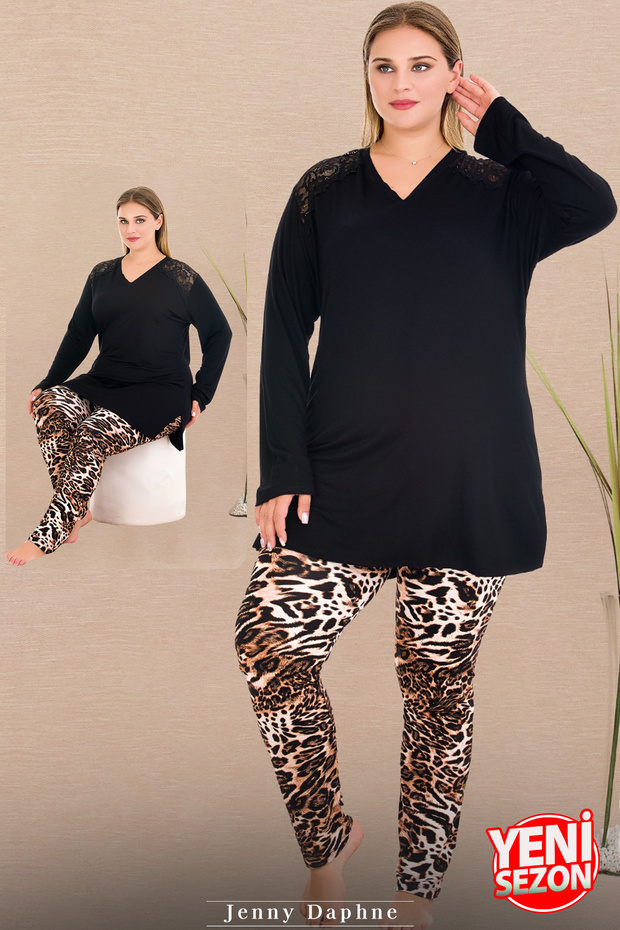 Leopard Print Long Capri Bottom Lace Shoulder Long Sleeve V-Neck Viscose Fabric Pajamas Set 11418