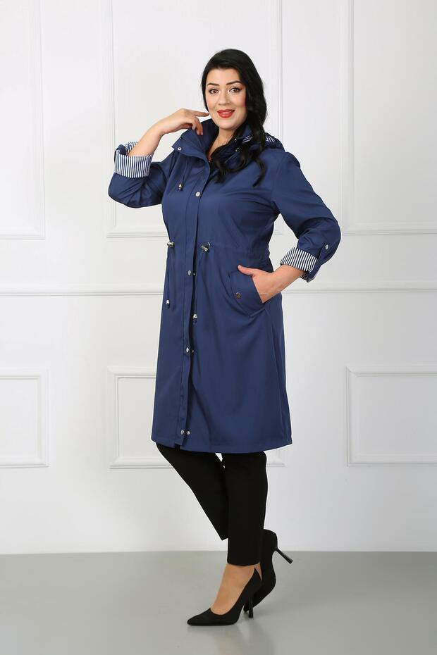 Women's Navy Blue Long Plus Size Trench Coat with Striped Sleeves