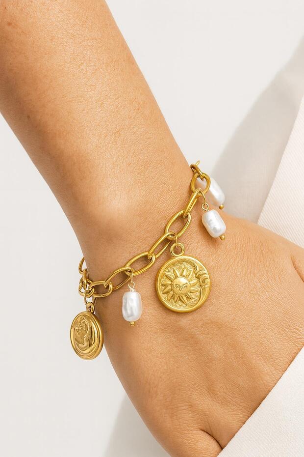 316L Steel Gold Color Women's Bracelet with Sun, Moon and Coin Figures and Pearl Detail
