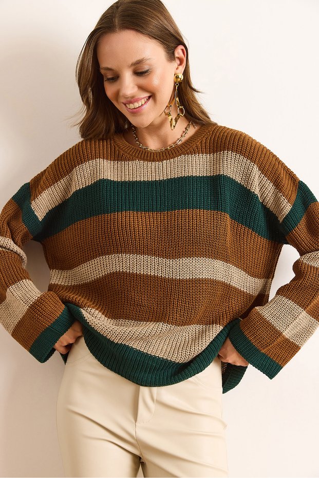 Women's Tan Crew Neck Thessaloniki Knitted Striped Sweater Kzk-19000976