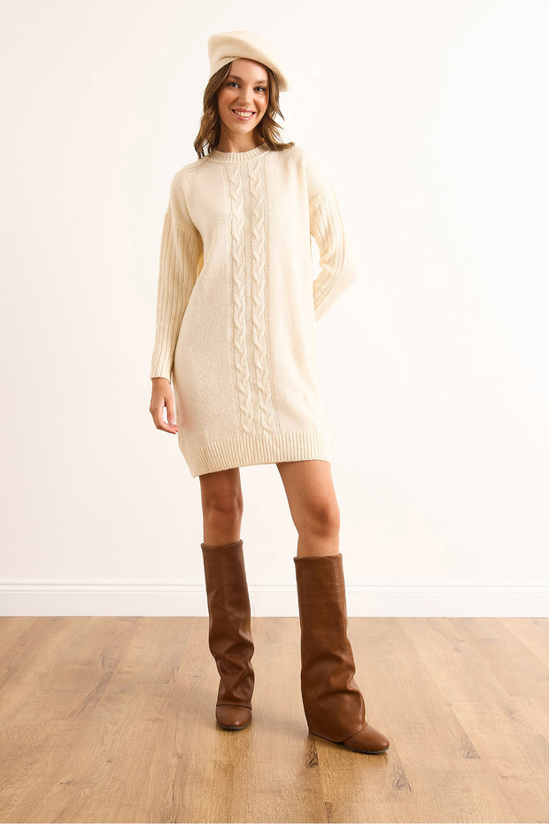 Kadın Ekru Kol Fitilli Önü Saç Örgülü Triko Tunik Elbise ELB-19002532 - 2