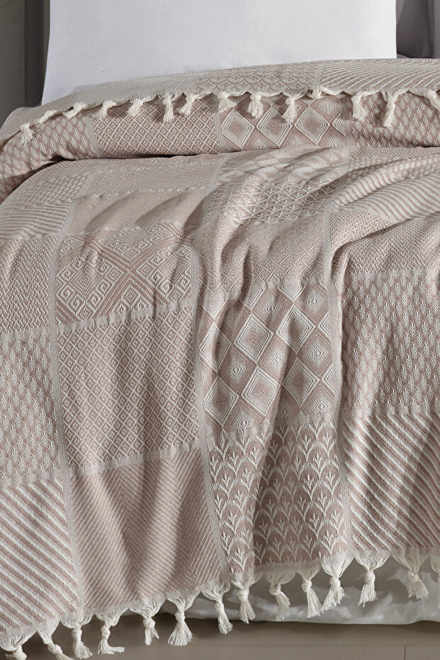 Çok Amaçlı Pike Örtü Çift Kişilik Patchwork Bej - 3