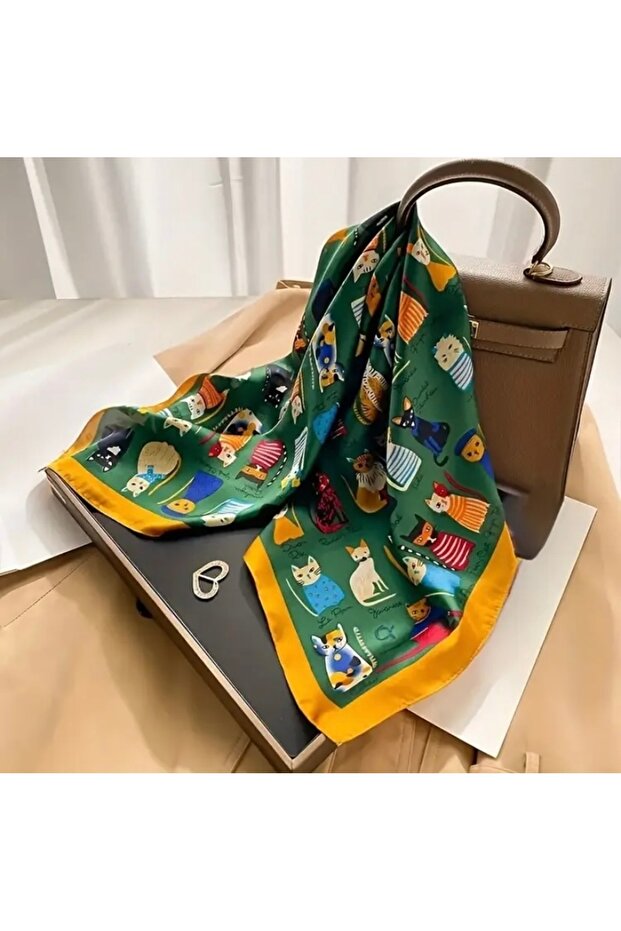 Hei Green Cute Cat Patterned Stylish Silk Look Square Scarf Foulard Women Accessory
