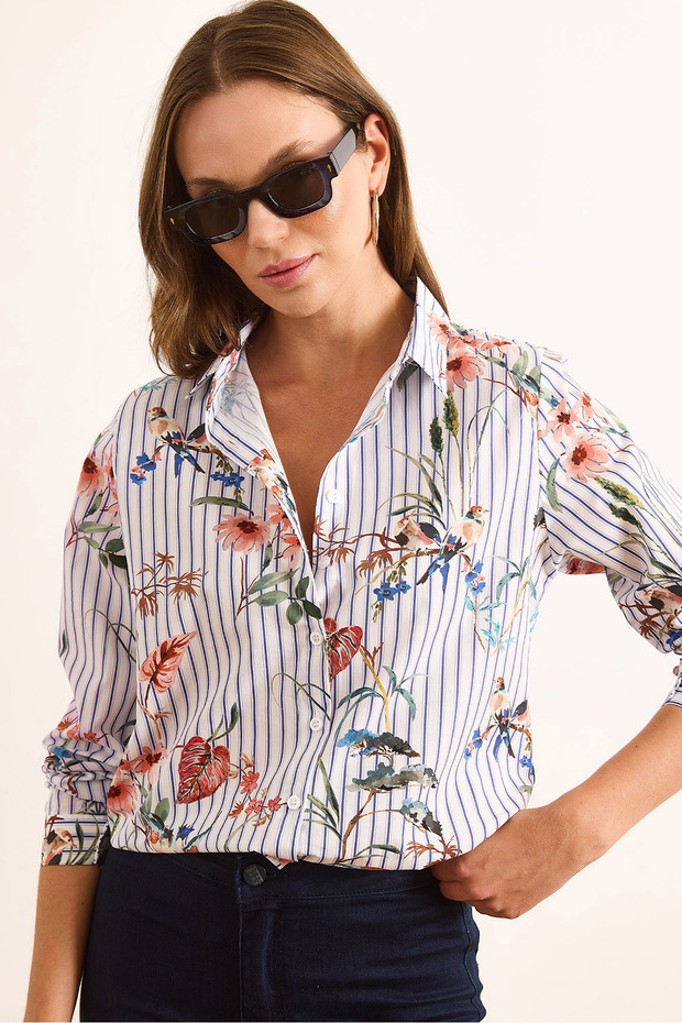 Women's White Navy Blue Striped Jungle Cotton Shirt Gml-19001389