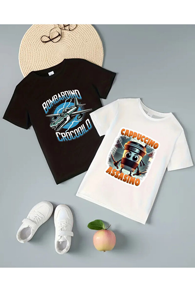 Cappuccino Assasino/Bombardino Crocodilo Printed 2-Piece T-Shirt Set for Kids