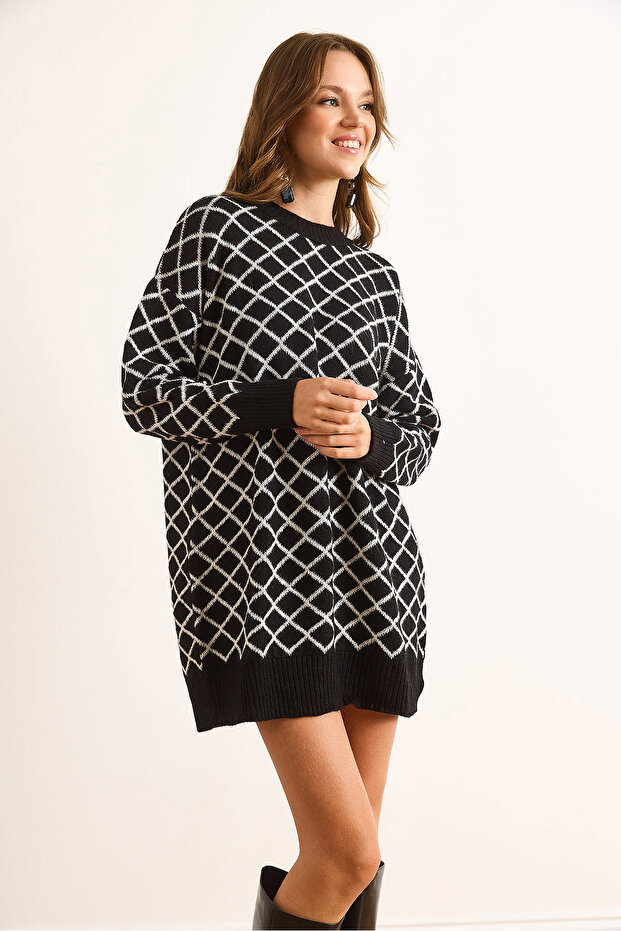 Kadın Siyah Baklava Desen Yumuşak Dokulu Triko Tunik Elbise ELB-19002531 - 3