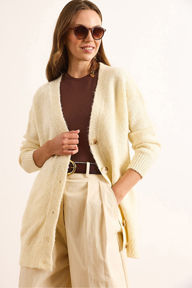 Women's Ecru 5 Button Soft Textured Thick Long Cardigan Hrk-19000375