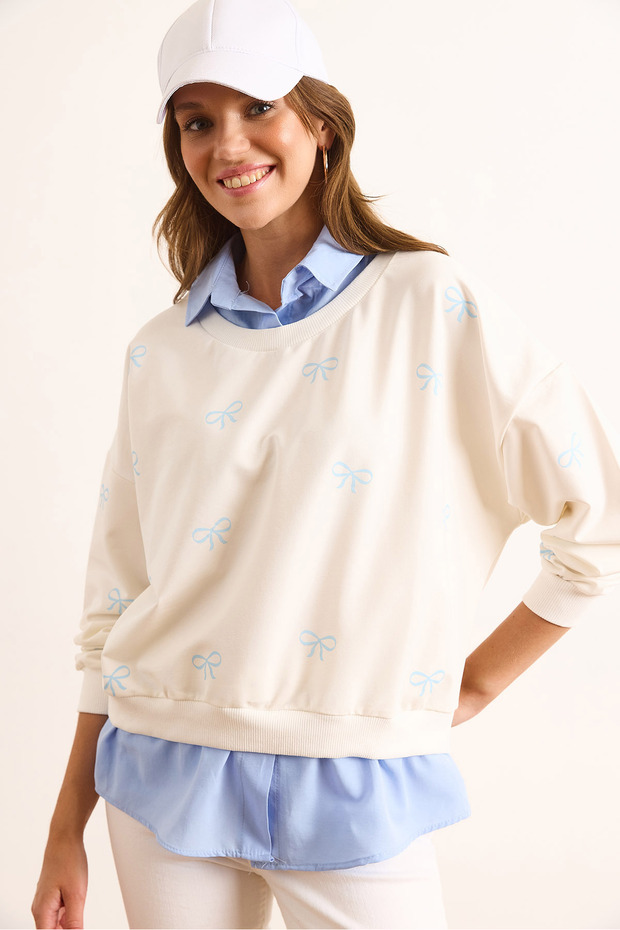 Women's White Blue Bow Printed Collar Skirt Shirt Detailed Oversize Sweatshirt Swt-19000730