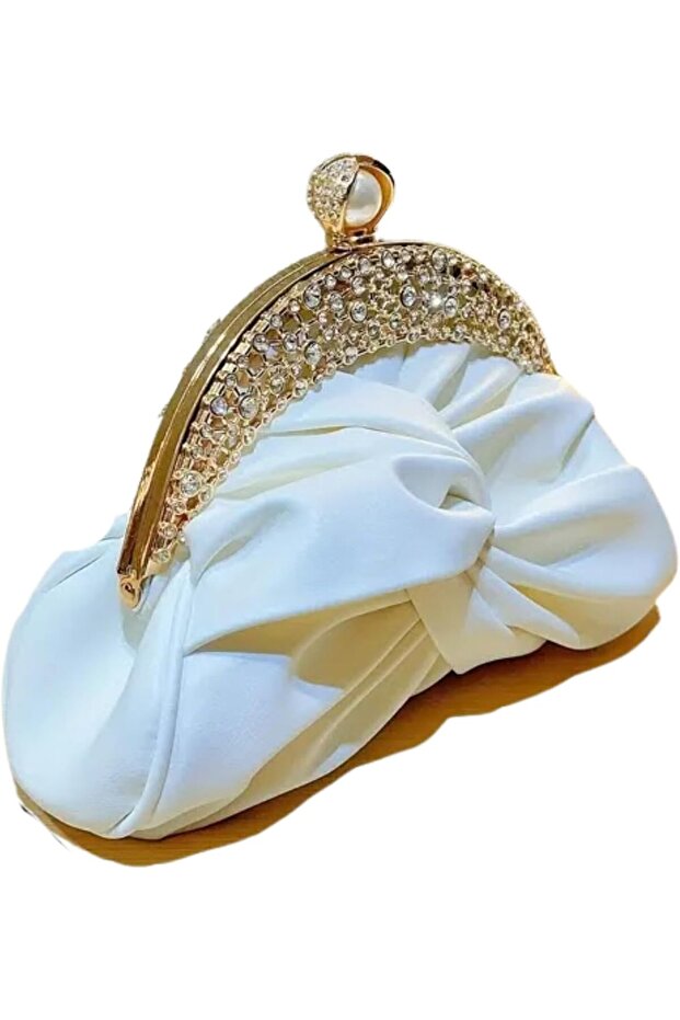 White Mini Clutch Bag with Crown Design, Pearl Accents & Removable Strap