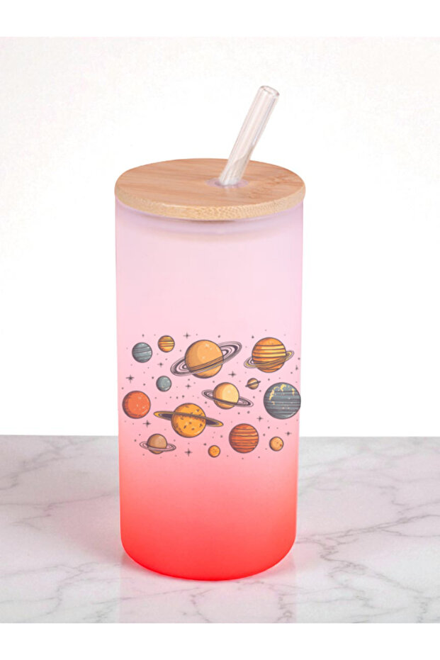 Planets Theme Printed 600 ml Glass Flask - Water Flask, Water Bottle, Glass Flask with Glass Straw