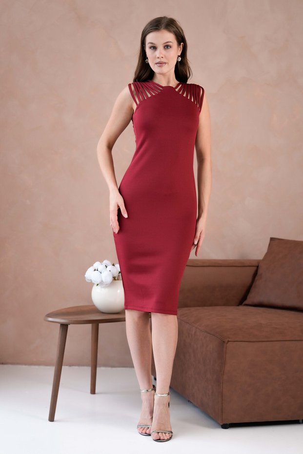 Women's Burgundy Flexible Scuba Fabric Pencil Cut Midi Dress with Piping and Slit Detail 2387