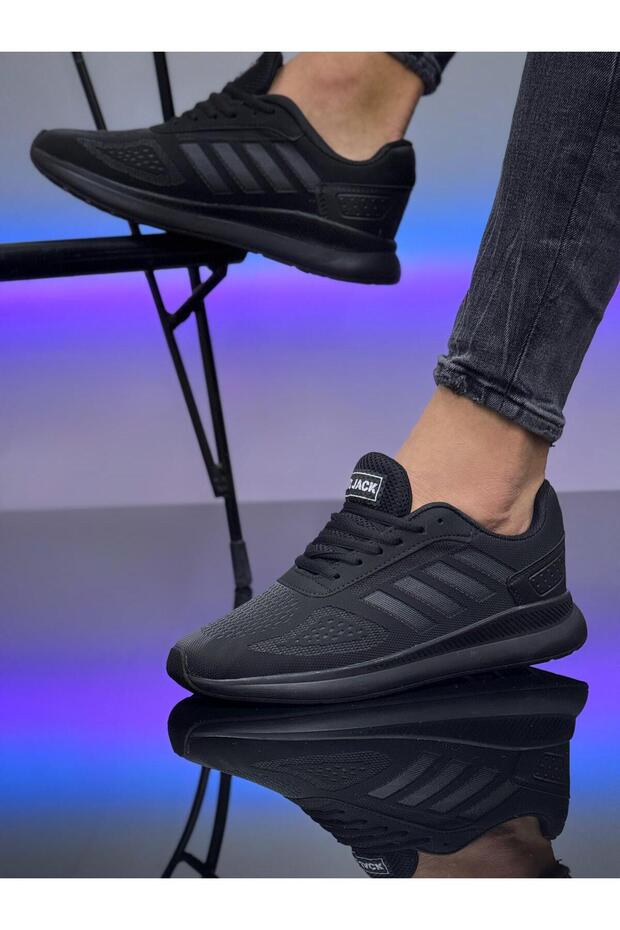 Unisex Plain Black Waterproof Four-Stripe Lace-Up Daily Sneakers NK4116