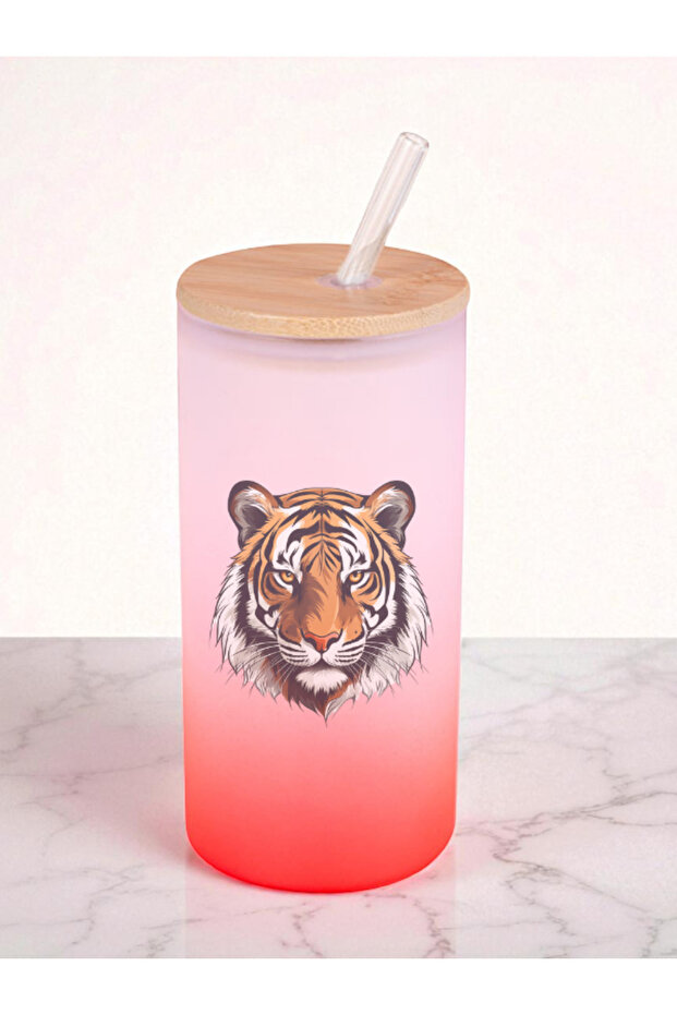 Tiger Printed 600 ml Glass Flask - Water Flask, Water Bottle Flask, Glass Flask with Straw