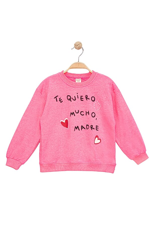 Divonette Kız Çocuk Kalpli Sweatshirt Yazı Baskılı Uzun Kollu Pembe Sweat